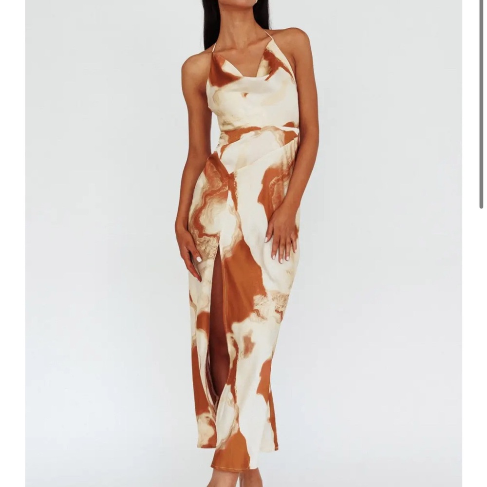 Selfie Leslie Brown & Cream Satin Midi Dress